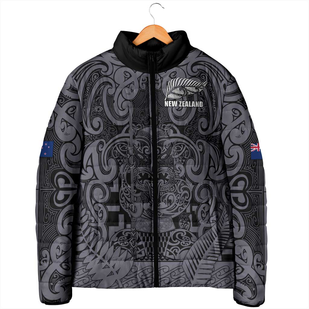 Custom New Zealand Taiaha Maori Padded Jacket Minimalist Silver Fern All Black - Aussie Hoodie