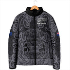 Custom New Zealand Taiaha Maori Padded Jacket Minimalist Silver Fern All Black - Aussie Hoodie