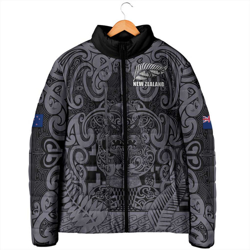 Custom New Zealand Taiaha Maori Padded Jacket Minimalist Silver Fern All Black - Aussie Hoodie