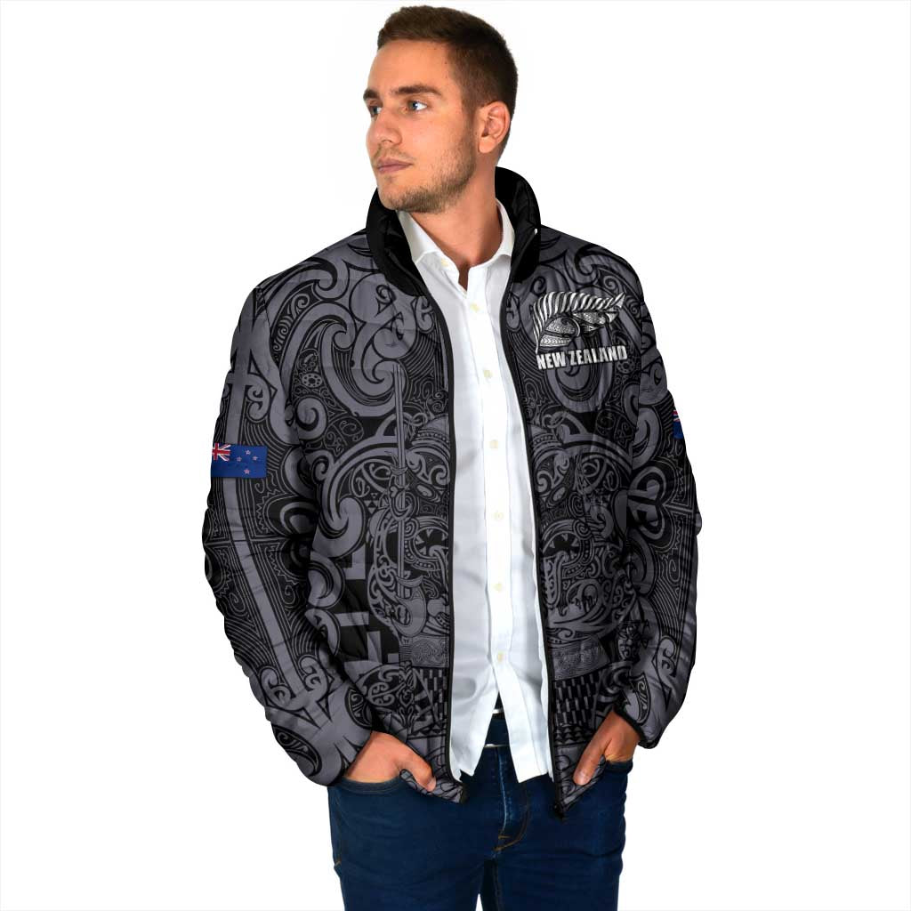 Custom New Zealand Taiaha Maori Padded Jacket Minimalist Silver Fern All Black - Aussie Hoodie