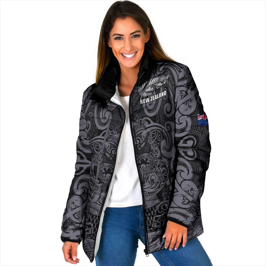 Custom New Zealand Taiaha Maori Padded Jacket Minimalist Silver Fern All Black - Aussie Hoodie