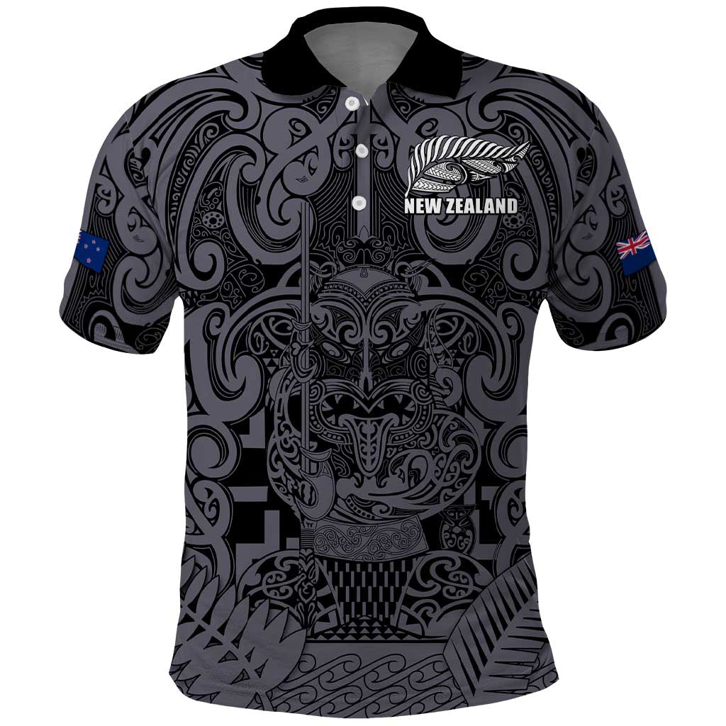 Custom New Zealand Taiaha Maori Polo Shirt Minimalist Silver Fern All Black - Aussie Hoodie