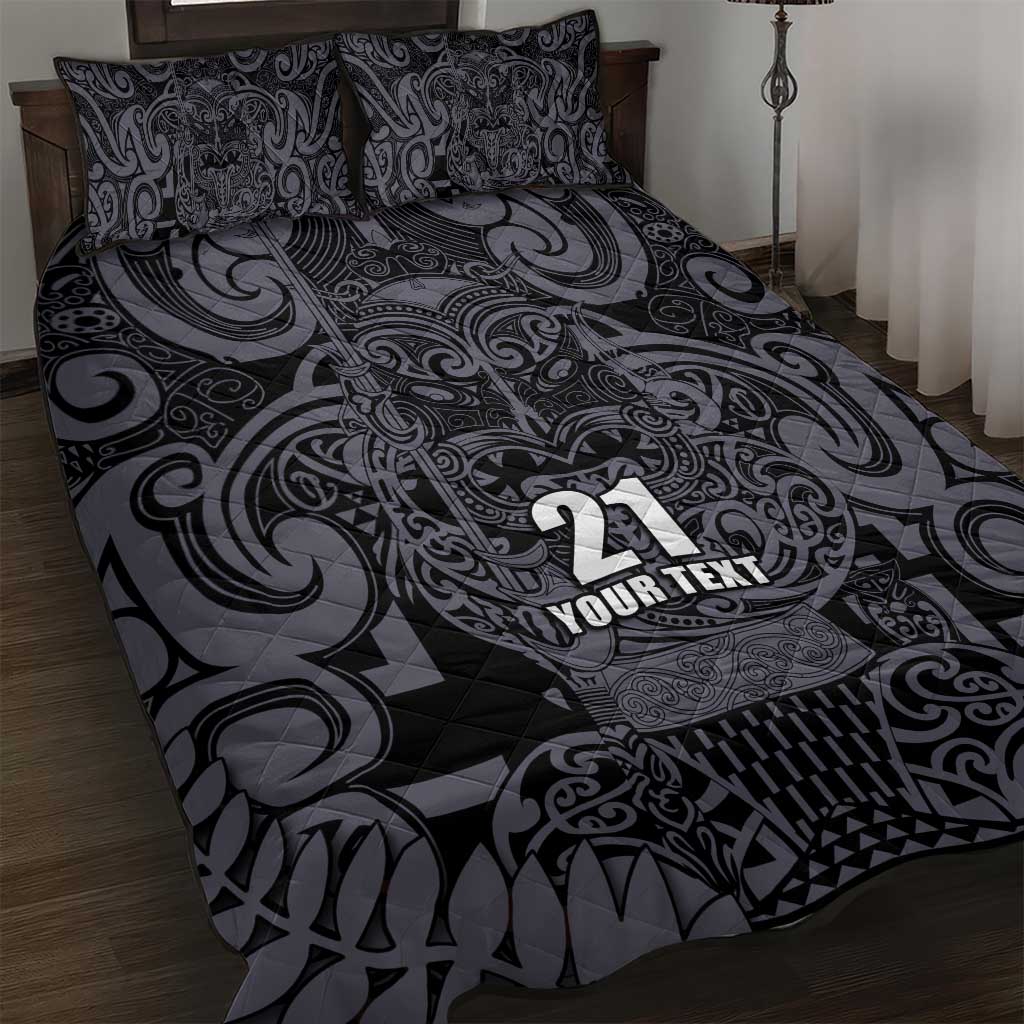 Custom New Zealand Taiaha Maori Quilt Bed Set Minimalist Silver Fern All Black - Aussie Hoodie