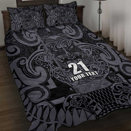 Custom New Zealand Taiaha Maori Quilt Bed Set Minimalist Silver Fern All Black - Aussie Hoodie