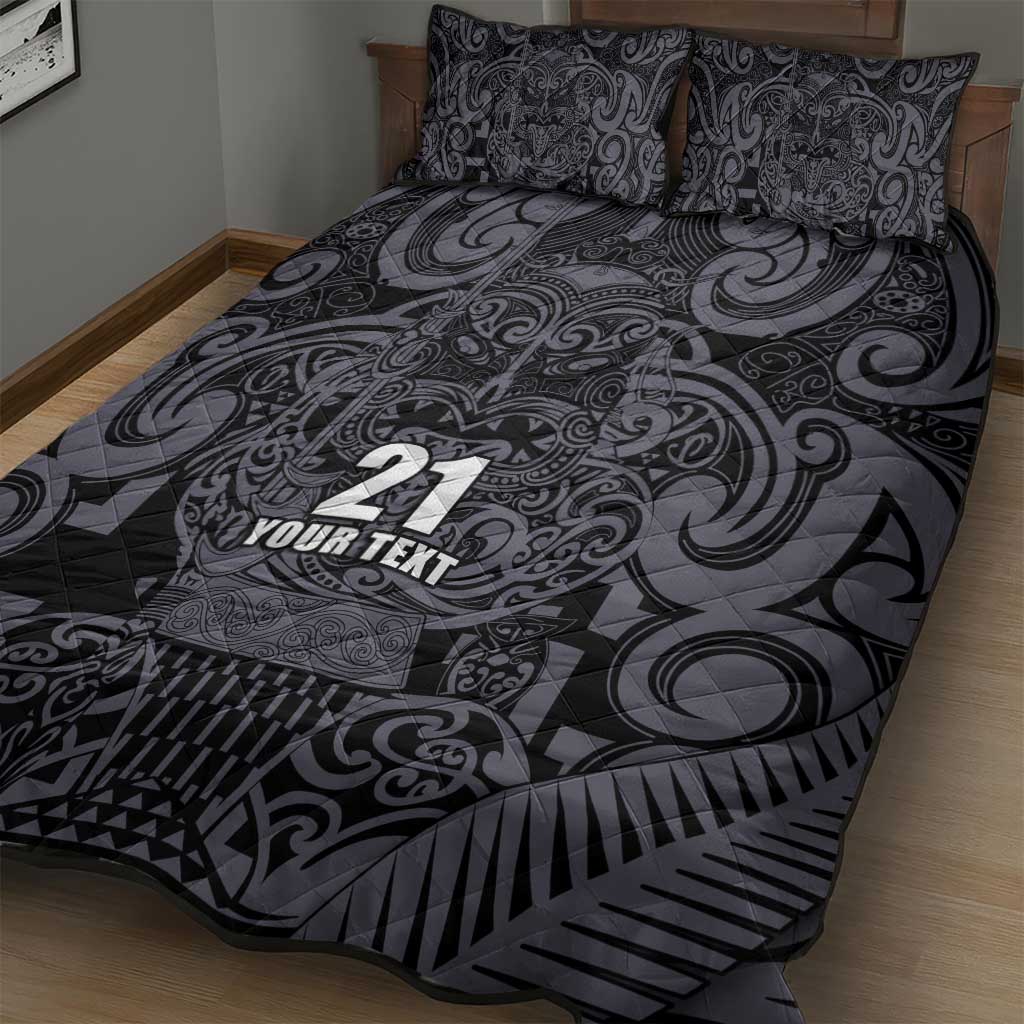 Custom New Zealand Taiaha Maori Quilt Bed Set Minimalist Silver Fern All Black - Aussie Hoodie