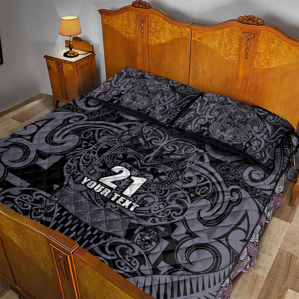 Custom New Zealand Taiaha Maori Quilt Bed Set Minimalist Silver Fern All Black - Aussie Hoodie