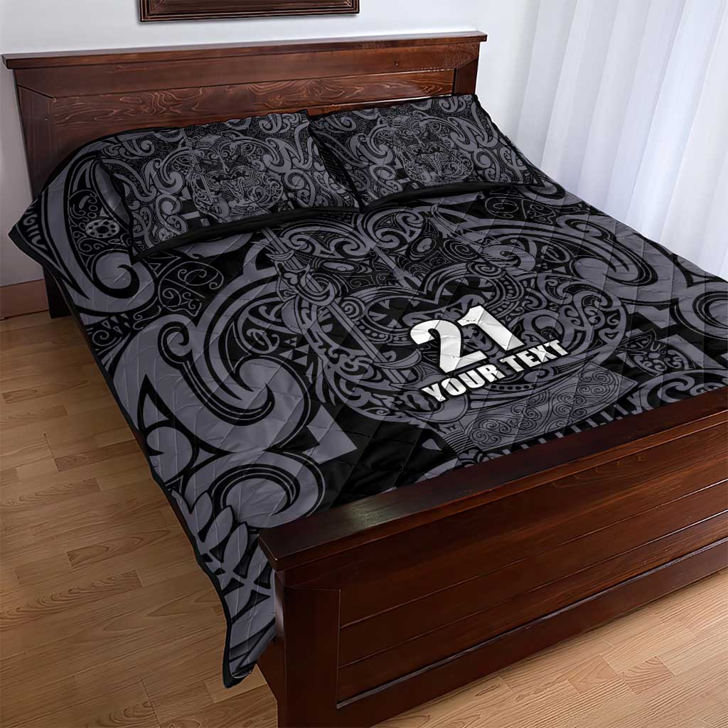 Custom New Zealand Taiaha Maori Quilt Bed Set Minimalist Silver Fern All Black - Aussie Hoodie
