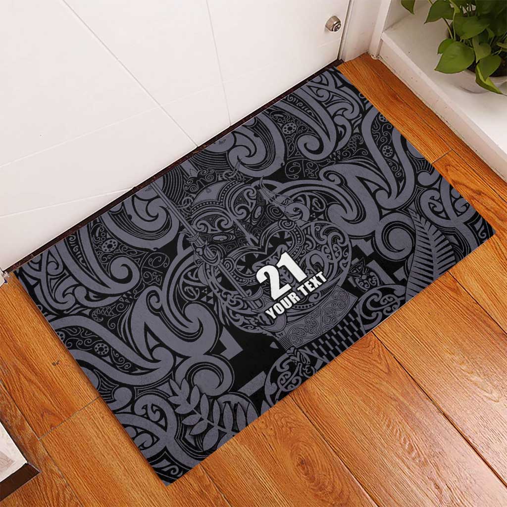 Custom New Zealand Taiaha Maori Rubber Doormat Minimalist Silver Fern All Black - Aussie Hoodie