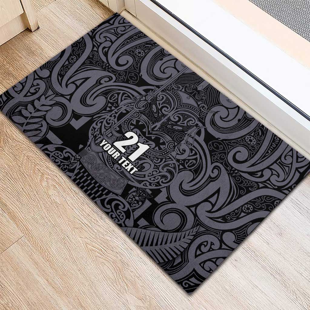 Custom New Zealand Taiaha Maori Rubber Doormat Minimalist Silver Fern All Black - Aussie Hoodie