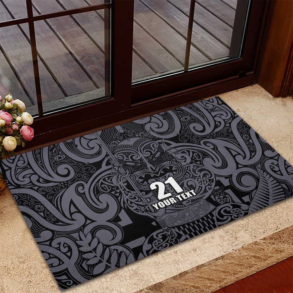 Custom New Zealand Taiaha Maori Rubber Doormat Minimalist Silver Fern All Black - Aussie Hoodie