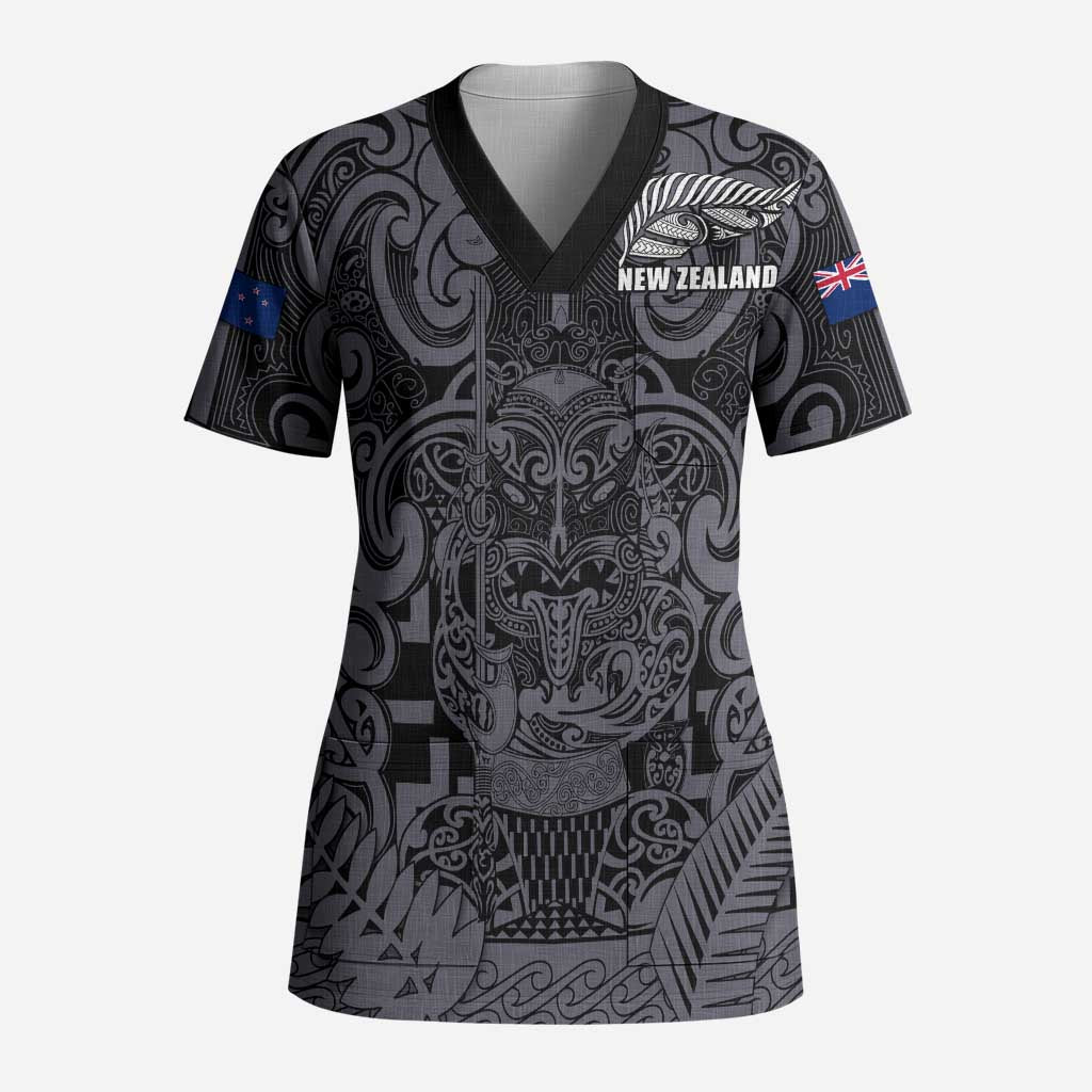 Custom New Zealand Taiaha Maori Scrub Top Minimalist Silver Fern All Black - Aussie Hoodie