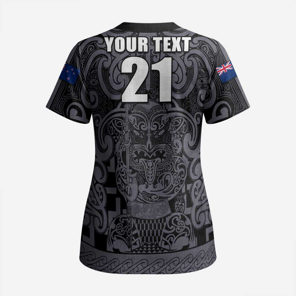 Custom New Zealand Taiaha Maori Scrub Top Minimalist Silver Fern All Black - Aussie Hoodie