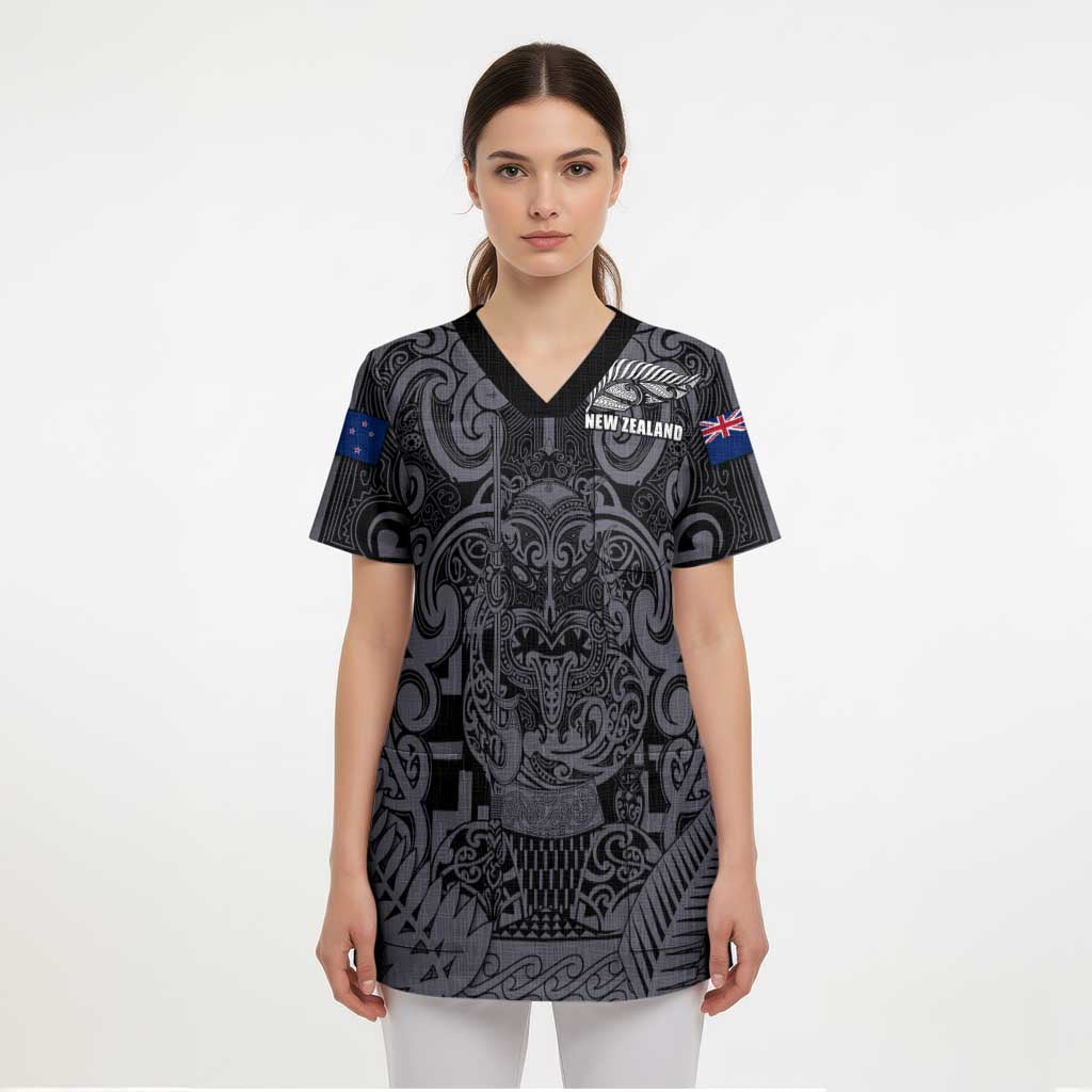 Custom New Zealand Taiaha Maori Scrub Top Minimalist Silver Fern All Black - Aussie Hoodie