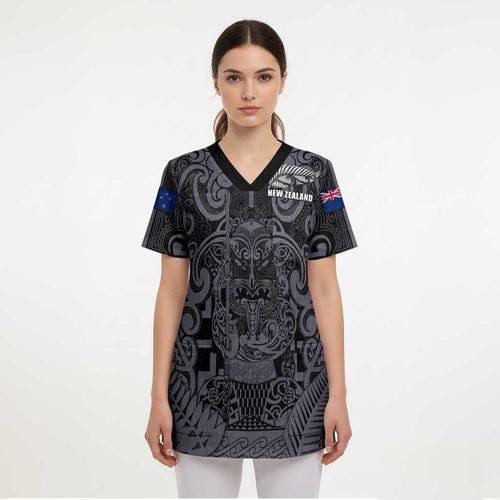Custom New Zealand Taiaha Maori Scrub Top Minimalist Silver Fern All Black - Aussie Hoodie