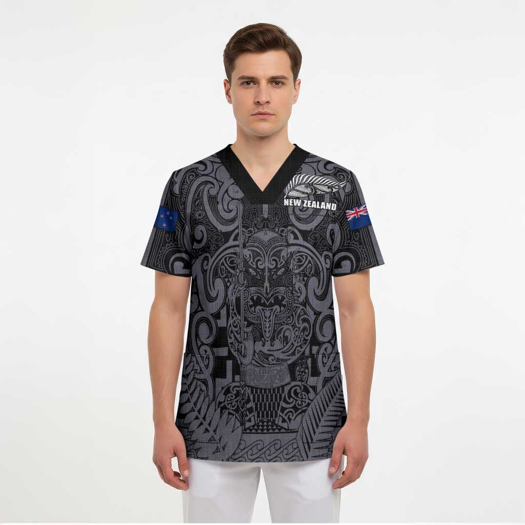 Custom New Zealand Taiaha Maori Scrub Top Minimalist Silver Fern All Black - Aussie Hoodie