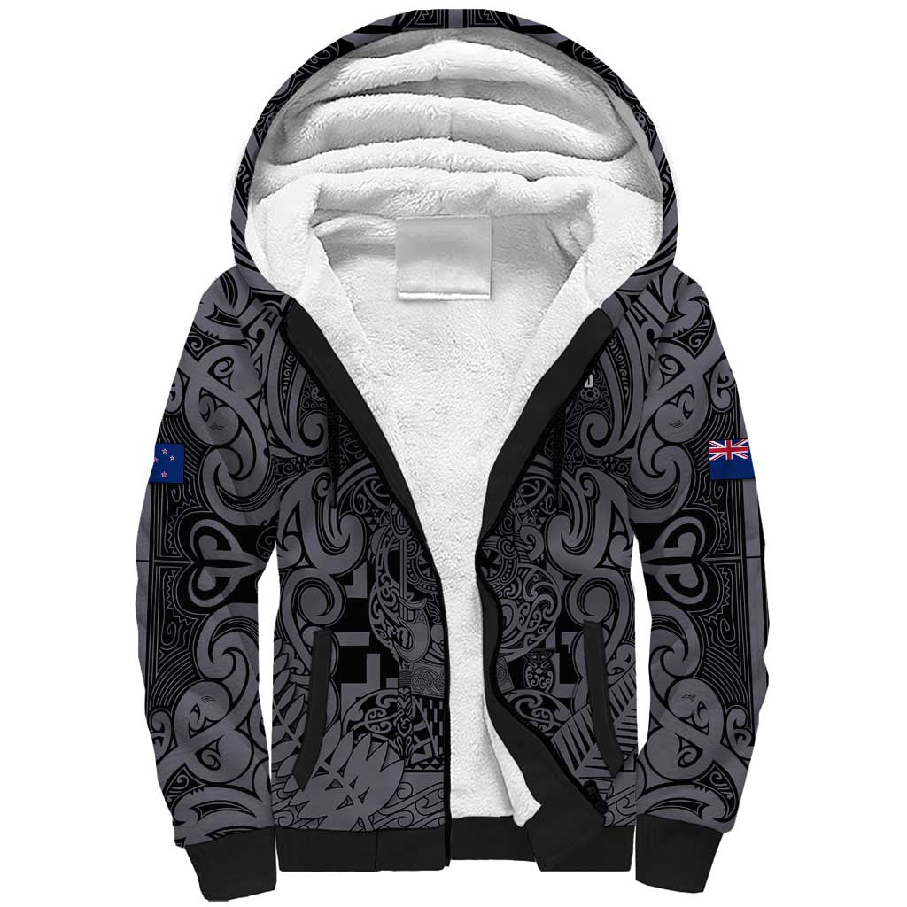 Custom New Zealand Taiaha Maori Sherpa Hoodie Minimalist Silver Fern All Black - Aussie Hoodie