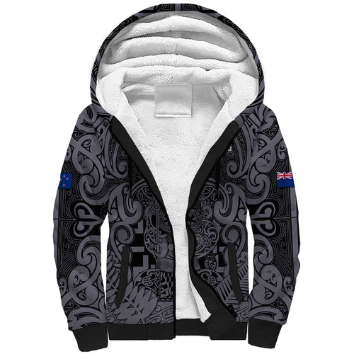 Custom New Zealand Taiaha Maori Sherpa Hoodie Minimalist Silver Fern All Black - Aussie Hoodie