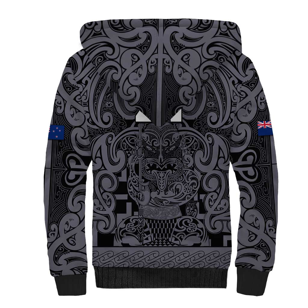 Custom New Zealand Taiaha Maori Sherpa Hoodie Minimalist Silver Fern All Black - Aussie Hoodie