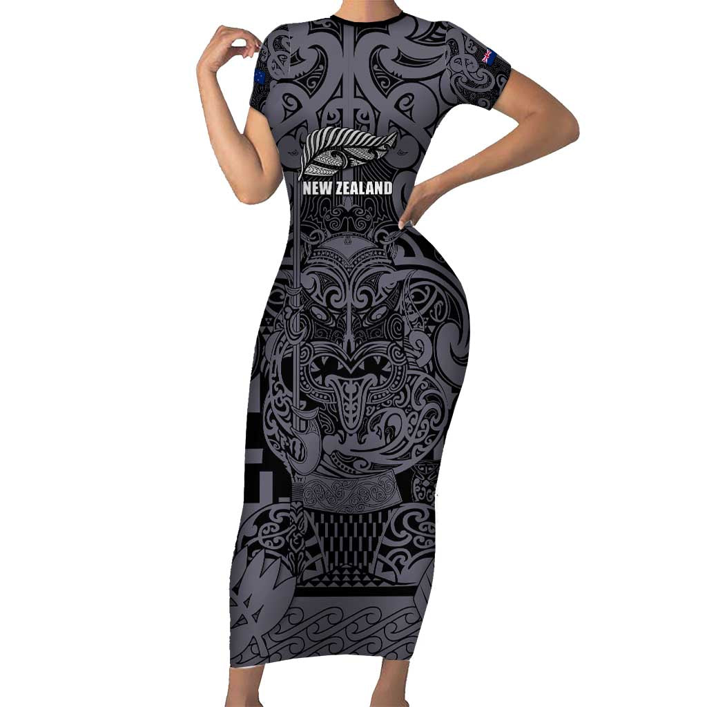 Custom New Zealand Taiaha Maori Short Sleeve Bodycon Dress Minimalist Silver Fern All Black - Aussie Hoodie