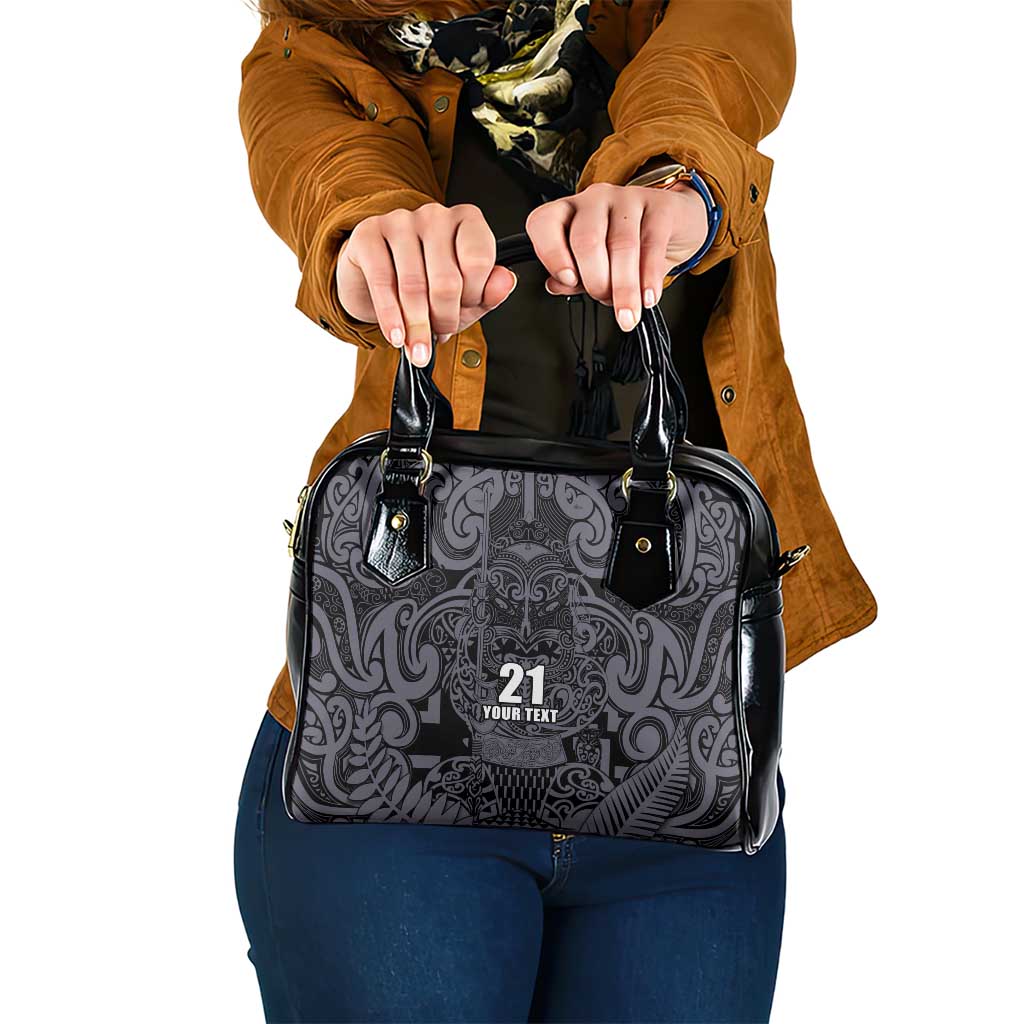 Custom New Zealand Taiaha Maori Shoulder Handbag Minimalist Silver Fern All Black - Aussie Hoodie