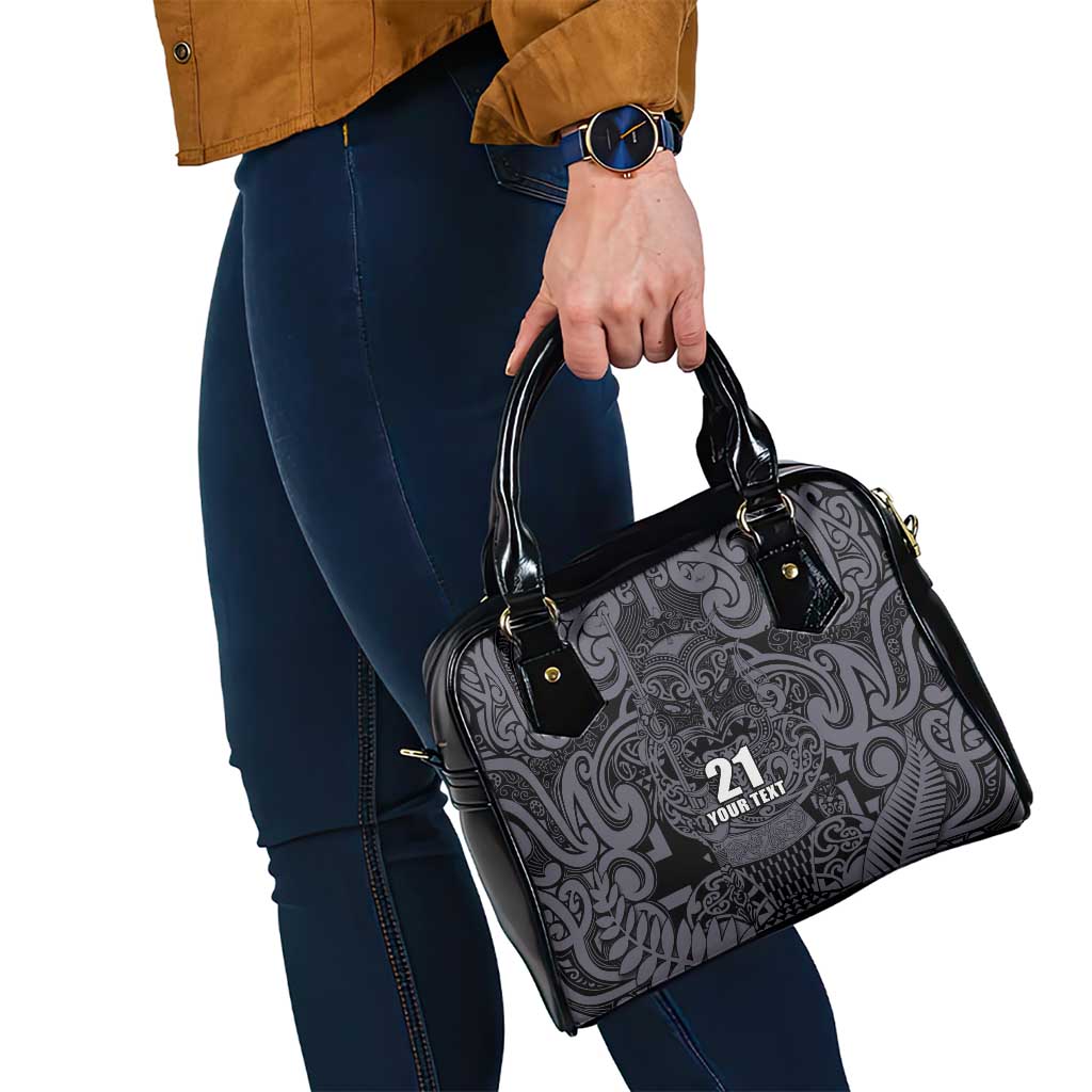 Custom New Zealand Taiaha Maori Shoulder Handbag Minimalist Silver Fern All Black - Aussie Hoodie