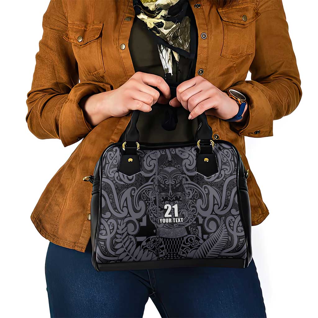 Custom New Zealand Taiaha Maori Shoulder Handbag Minimalist Silver Fern All Black - Aussie Hoodie
