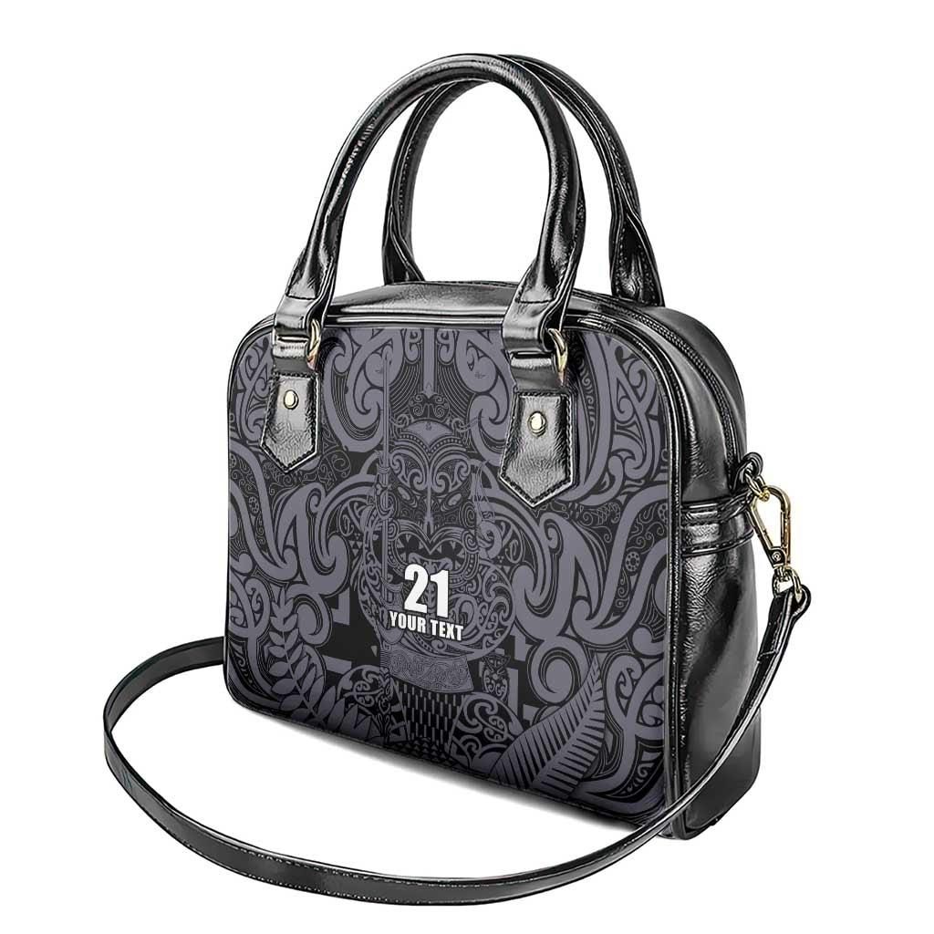 Custom New Zealand Taiaha Maori Shoulder Handbag Minimalist Silver Fern All Black - Aussie Hoodie