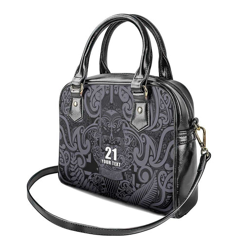 Custom New Zealand Taiaha Maori Shoulder Handbag Minimalist Silver Fern All Black - Aussie Hoodie