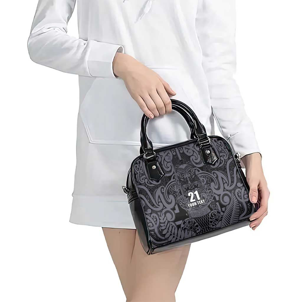 Custom New Zealand Taiaha Maori Shoulder Handbag Minimalist Silver Fern All Black - Aussie Hoodie