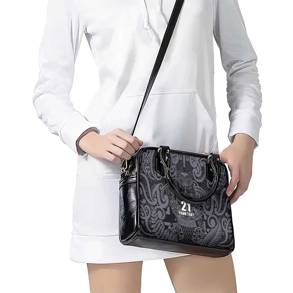Custom New Zealand Taiaha Maori Shoulder Handbag Minimalist Silver Fern All Black - Aussie Hoodie