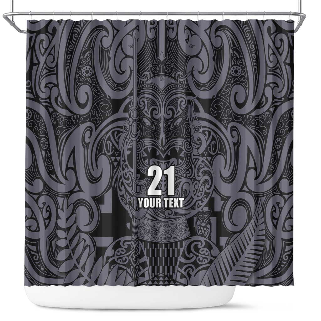 Custom New Zealand Taiaha Maori Shower Curtain Minimalist Silver Fern All Black - Aussie Hoodie