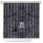 Custom New Zealand Taiaha Maori Shower Curtain Minimalist Silver Fern All Black - Aussie Hoodie