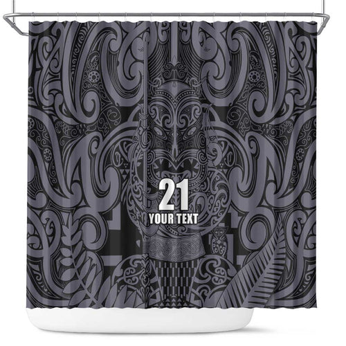 Custom New Zealand Taiaha Maori Shower Curtain Minimalist Silver Fern All Black - Aussie Hoodie