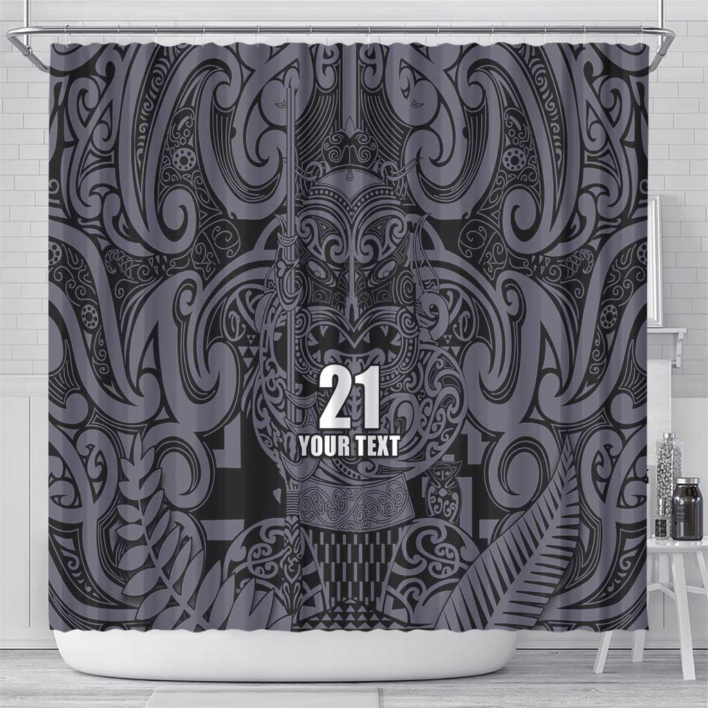 Custom New Zealand Taiaha Maori Shower Curtain Minimalist Silver Fern All Black - Aussie Hoodie