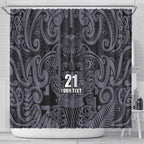 Custom New Zealand Taiaha Maori Shower Curtain Minimalist Silver Fern All Black - Aussie Hoodie