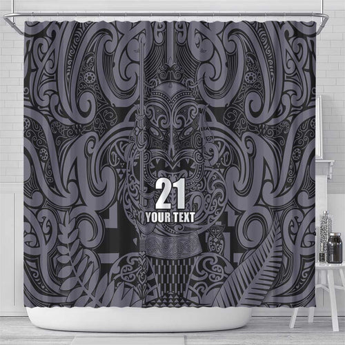 Custom New Zealand Taiaha Maori Shower Curtain Minimalist Silver Fern All Black - Aussie Hoodie