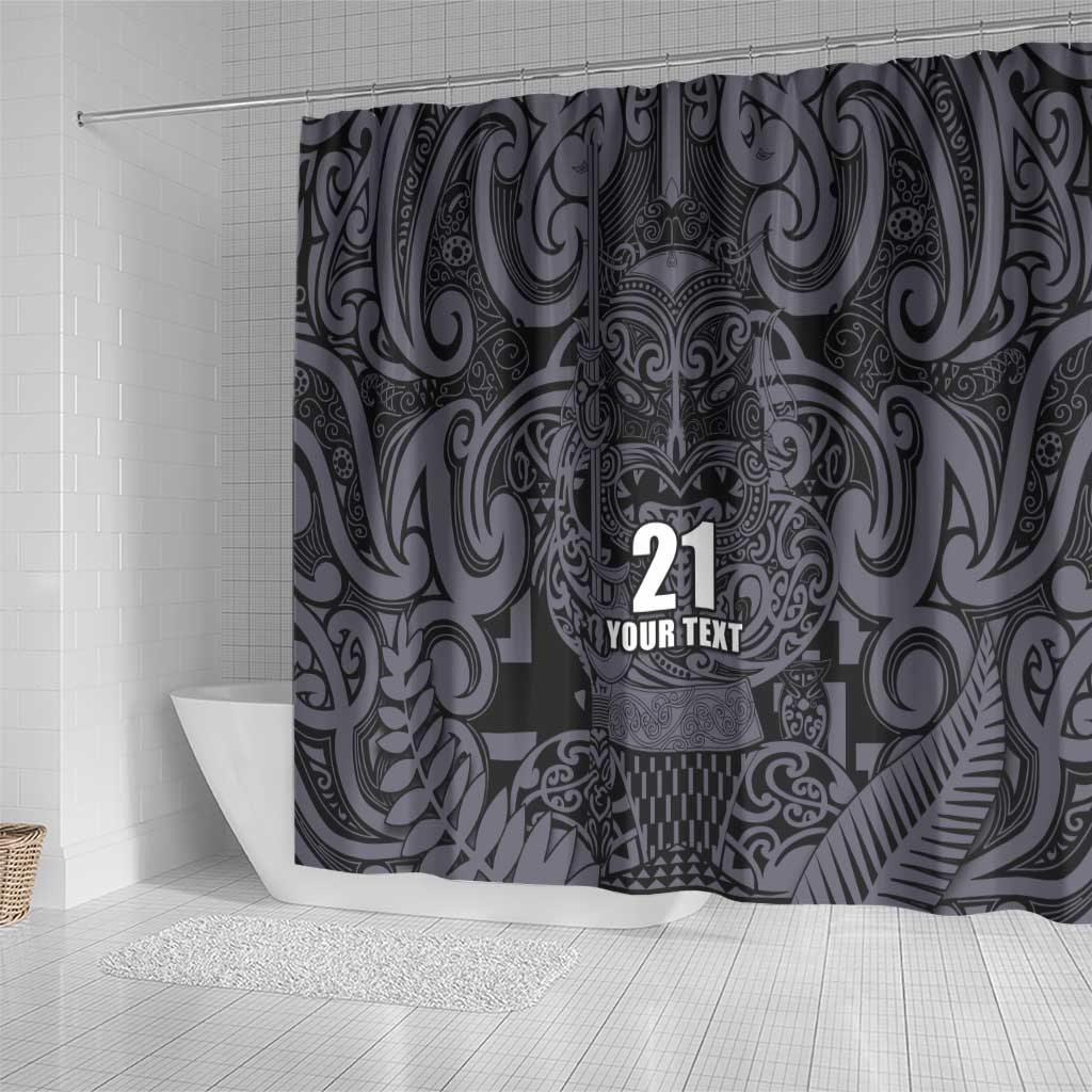 Custom New Zealand Taiaha Maori Shower Curtain Minimalist Silver Fern All Black - Aussie Hoodie