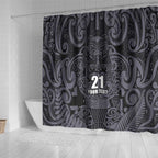 Custom New Zealand Taiaha Maori Shower Curtain Minimalist Silver Fern All Black - Aussie Hoodie