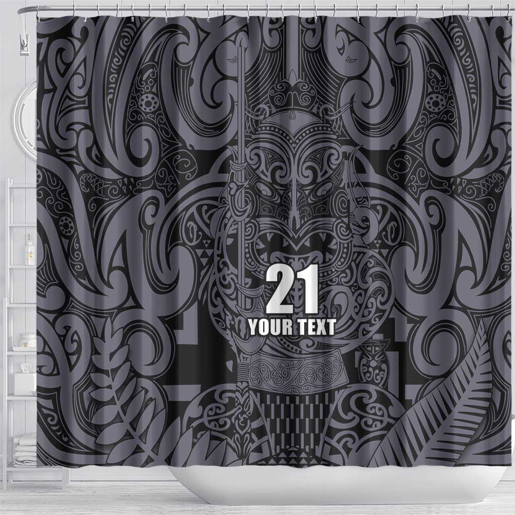 Custom New Zealand Taiaha Maori Shower Curtain Minimalist Silver Fern All Black - Aussie Hoodie