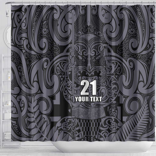 Custom New Zealand Taiaha Maori Shower Curtain Minimalist Silver Fern All Black - Aussie Hoodie