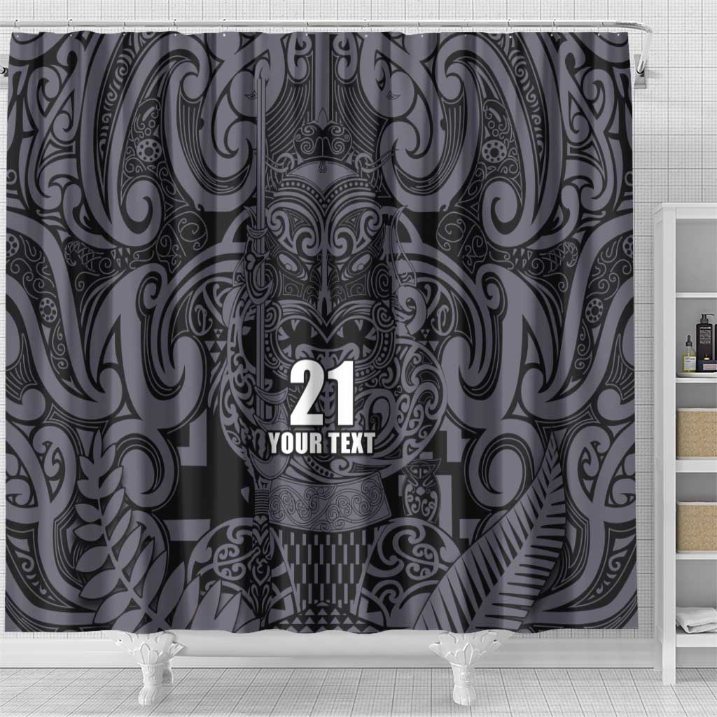 Custom New Zealand Taiaha Maori Shower Curtain Minimalist Silver Fern All Black - Aussie Hoodie