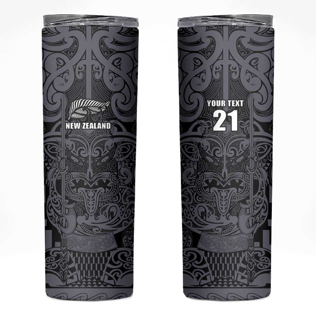 Custom New Zealand Taiaha Maori Skinny Tumbler Minimalist Silver Fern All Black - Aussie Hoodie