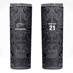 Custom New Zealand Taiaha Maori Skinny Tumbler Minimalist Silver Fern All Black - Aussie Hoodie