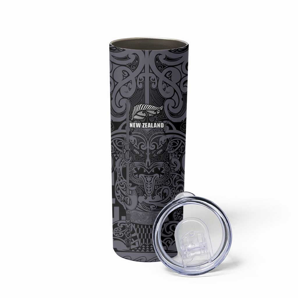 Custom New Zealand Taiaha Maori Skinny Tumbler Minimalist Silver Fern All Black - Aussie Hoodie