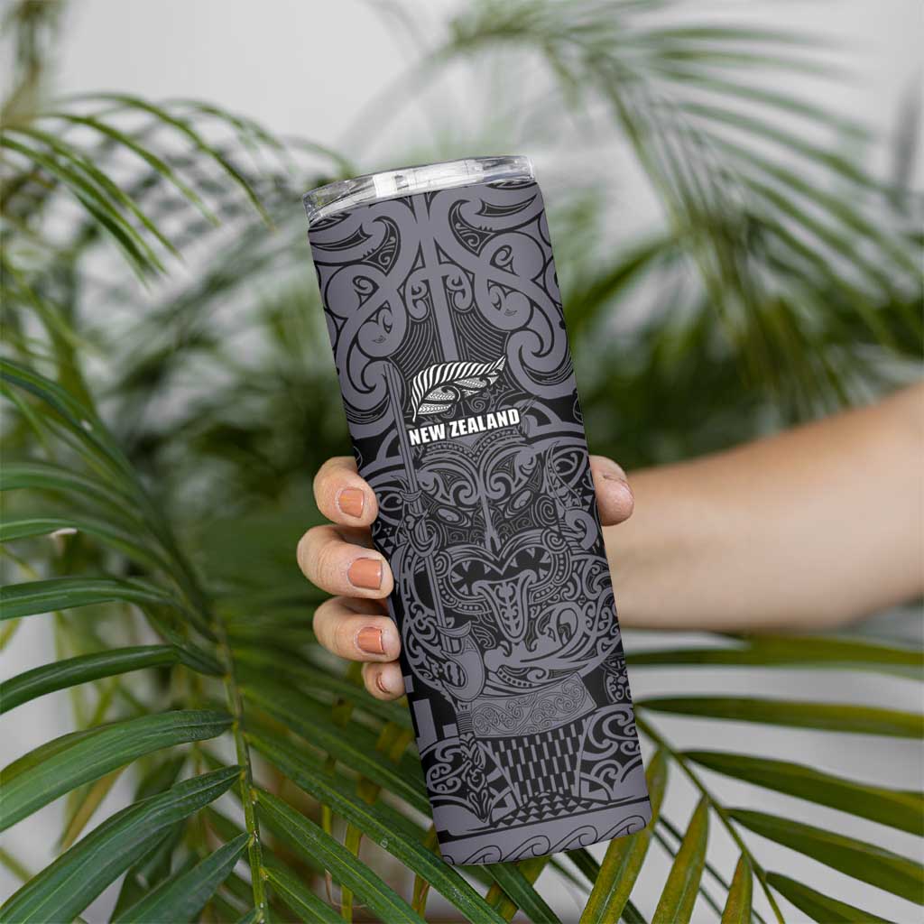 Custom New Zealand Taiaha Maori Skinny Tumbler Minimalist Silver Fern All Black - Aussie Hoodie