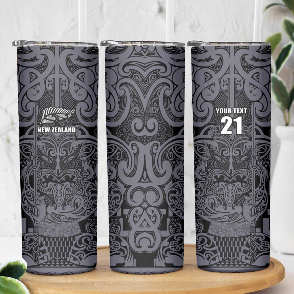 Custom New Zealand Taiaha Maori Skinny Tumbler Minimalist Silver Fern All Black - Aussie Hoodie