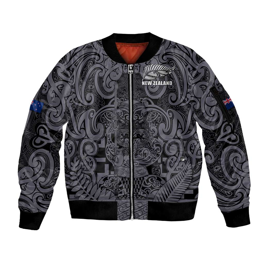 Custom New Zealand Taiaha Maori Sleeve Zip Bomber Jacket Minimalist Silver Fern All Black - Aussie Hoodie