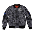 Custom New Zealand Taiaha Maori Sleeve Zip Bomber Jacket Minimalist Silver Fern All Black - Aussie Hoodie