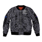 Custom New Zealand Taiaha Maori Sleeve Zip Bomber Jacket Minimalist Silver Fern All Black - Aussie Hoodie