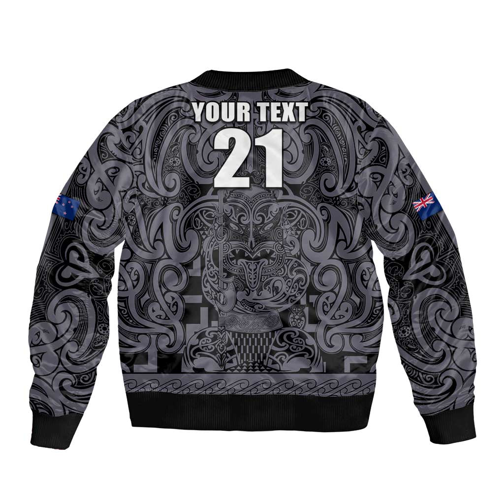 Custom New Zealand Taiaha Maori Sleeve Zip Bomber Jacket Minimalist Silver Fern All Black - Aussie Hoodie